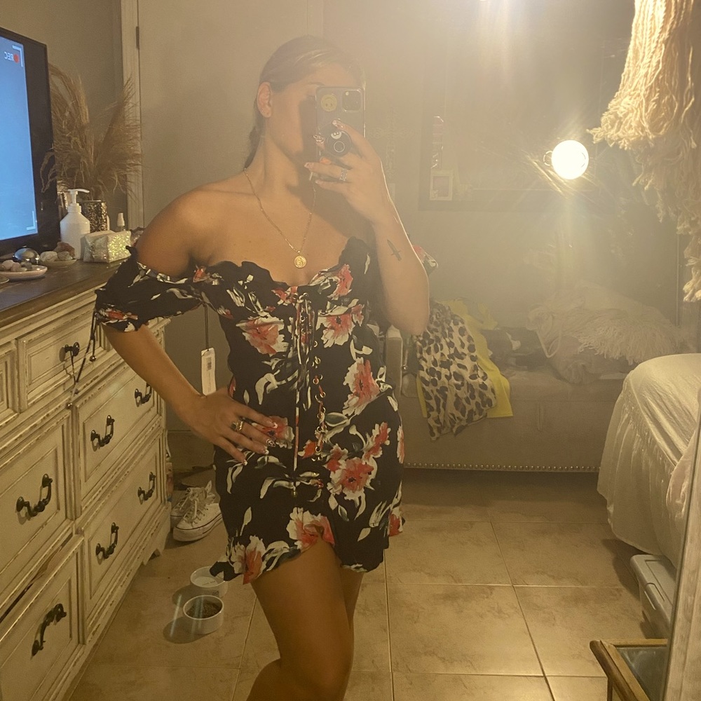 NWT! Black floral mini dress with lace up front